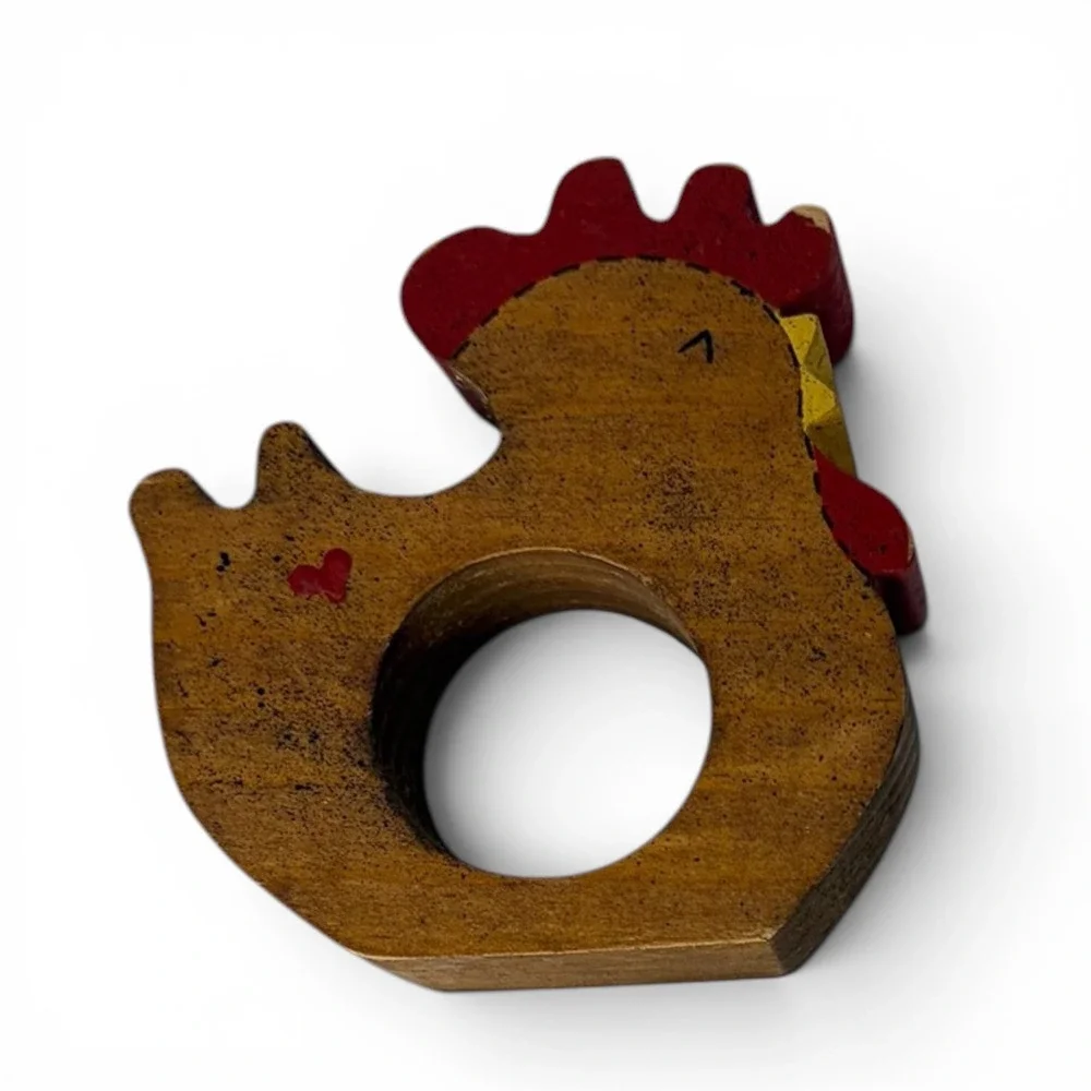 Set‎ of 4 Wooden Chicken Napkin Rings Hand Painted Country Farmhouse Decor Vtg